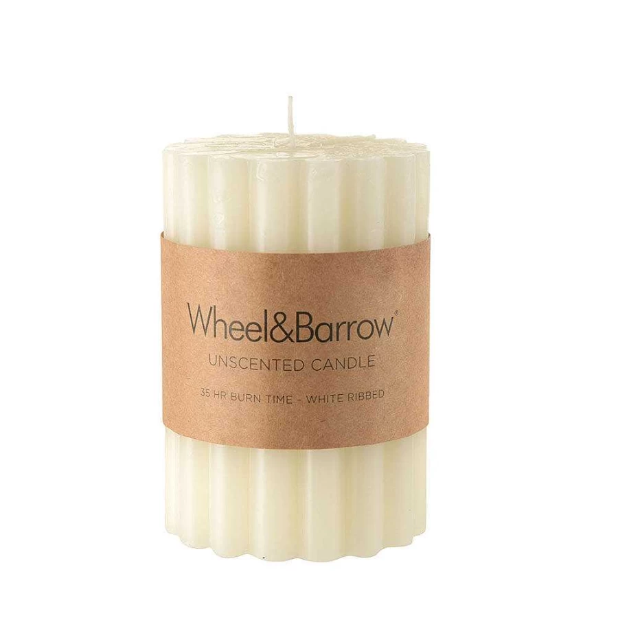 Wheel and Barrow White Ribbed Pillar Candle 7x10 cm for Home Decor and Events