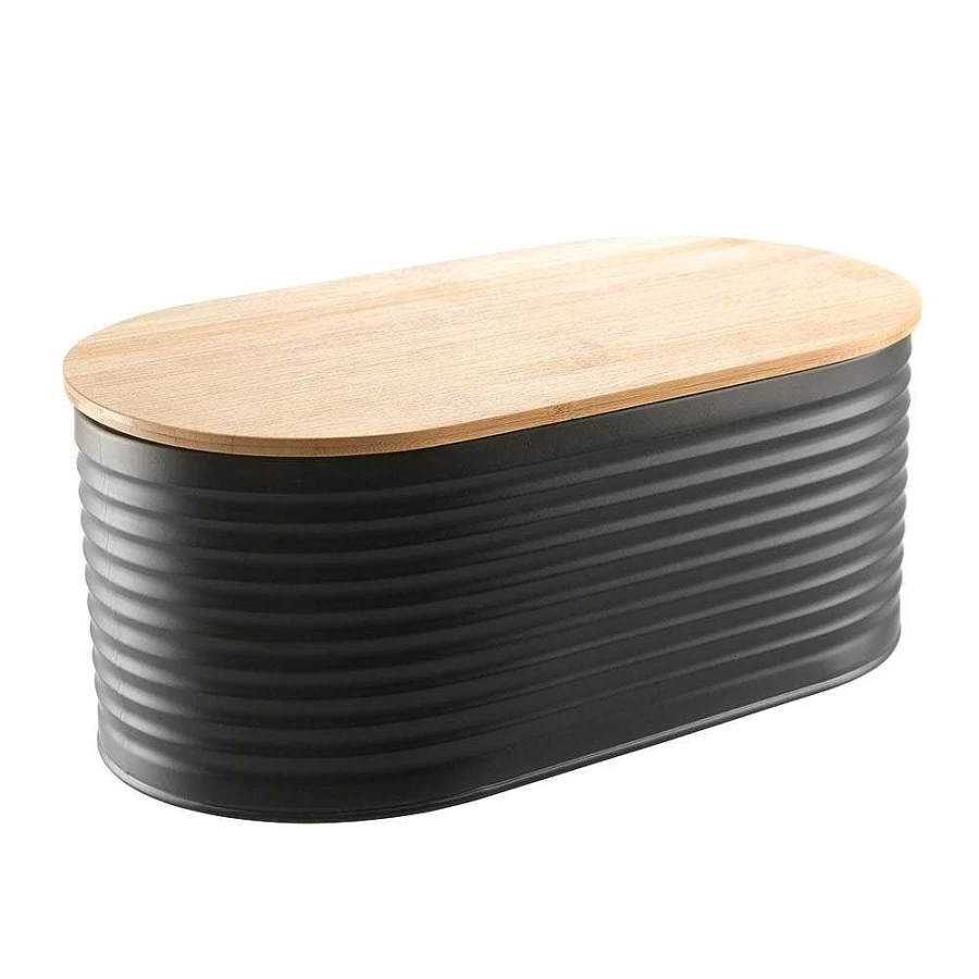 Wheel and Barrow Black Metal Bread Bin with Bamboo Lid - 34x19x13cm Kitchen Storage Container