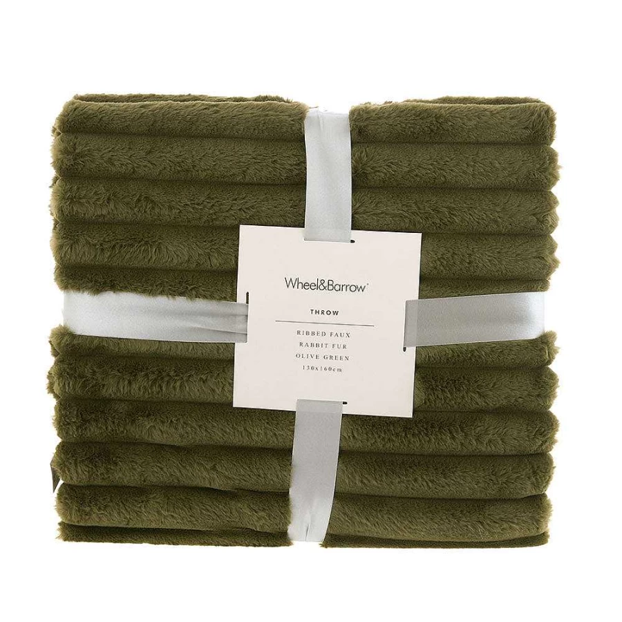 Wheel and Barrow Olive Green Faux Rabbit Fur Throw Blanket 130x160 cm - Soft Ribbed Knit Luxury Bedspread