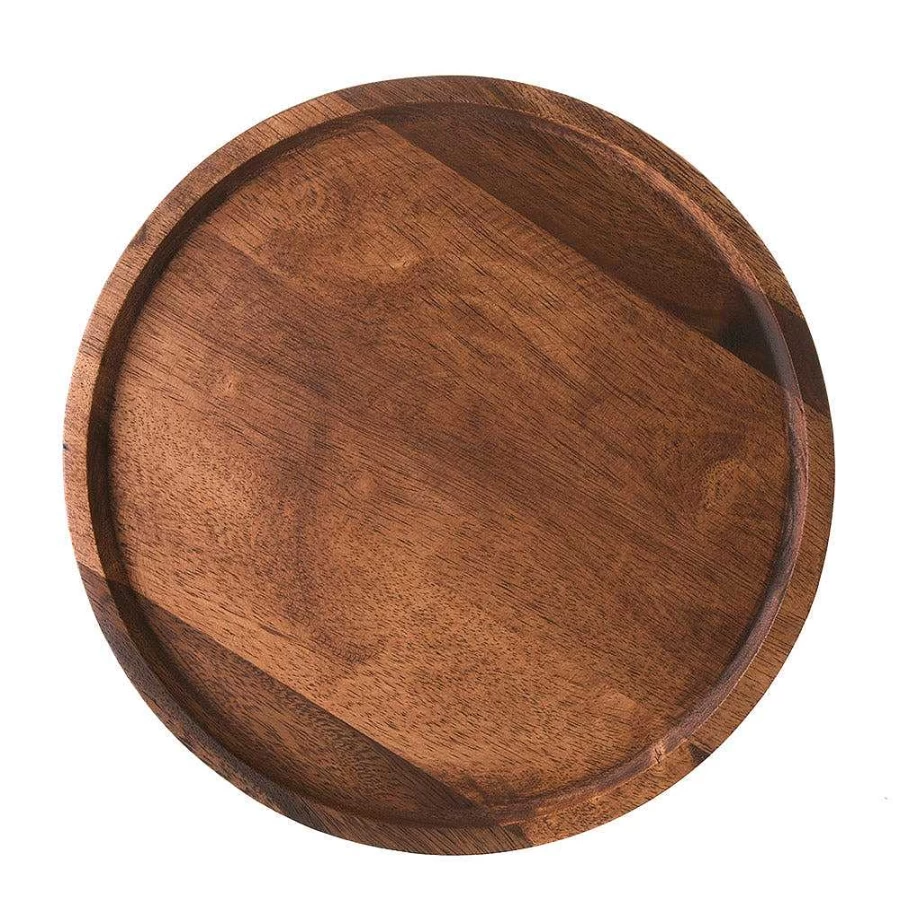 "Wheel & Barrow Round Acacia Wood Serving Tray - 33cm Dark Brown Rustic Charm"