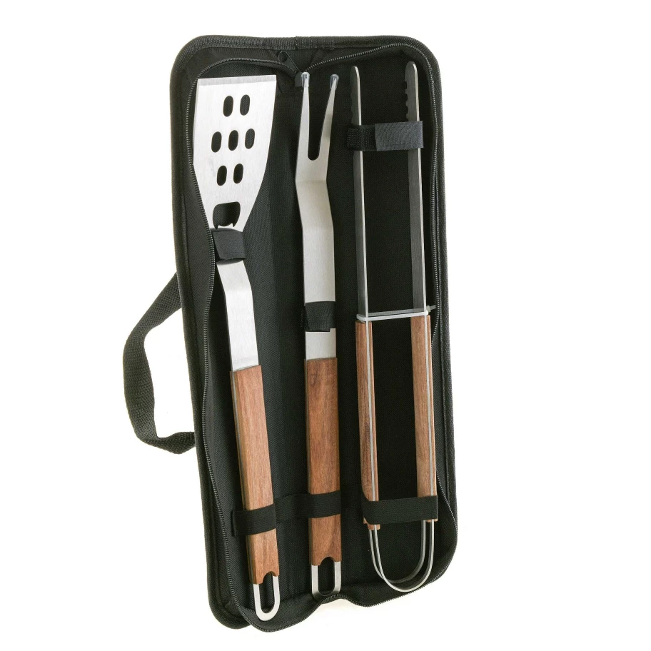 Wheel and Barrow 3-Piece BBQ Grill Tool Set with Teakwood Handles - Portable Case Included