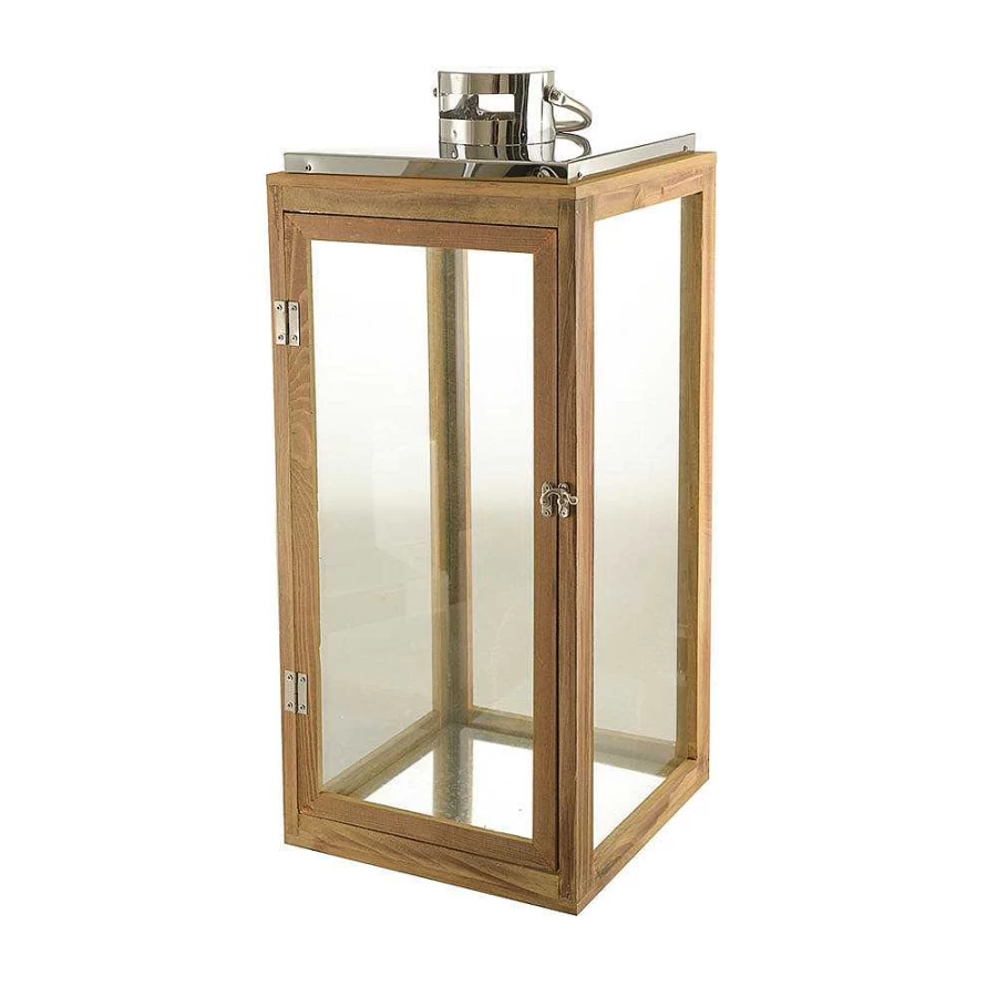 Wheel & Barrow 63cm Glass Hurricane Lantern with Wood Base, Metal Frame & Handle for Indoor/Outdoor Decor
