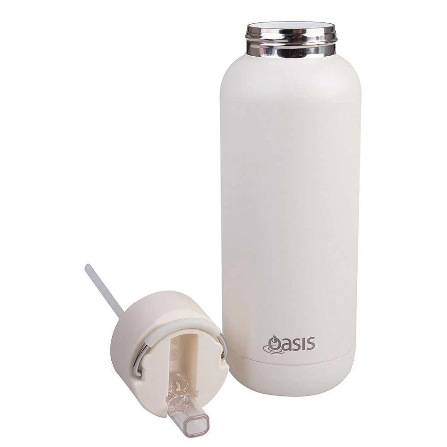 Wheel and Barrow Ceramic Water Bottle 1L - Insulated Oasis Design in Alabaster White