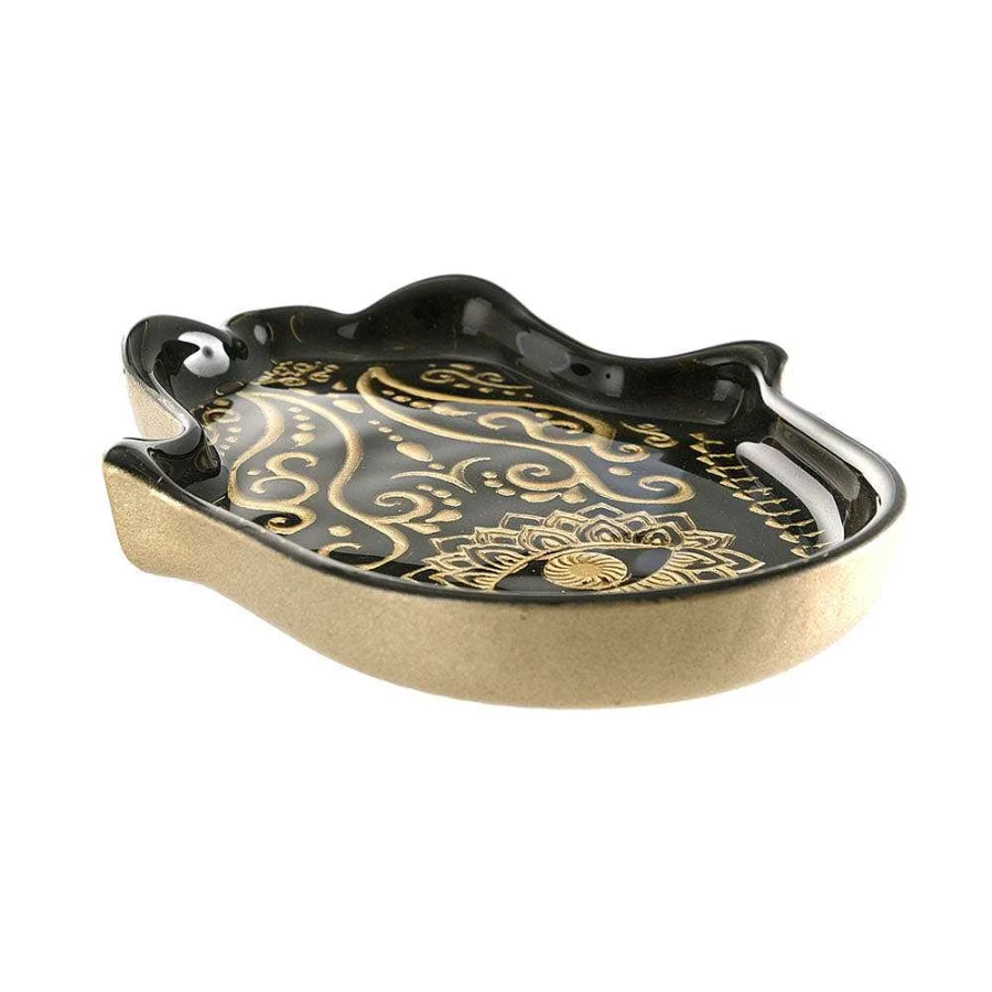 Wheel & Barrow Hamsa Decorative Plate - 21x17cm Black & Gold Metallic Wall Art - Hand of Fatima Home Decor
