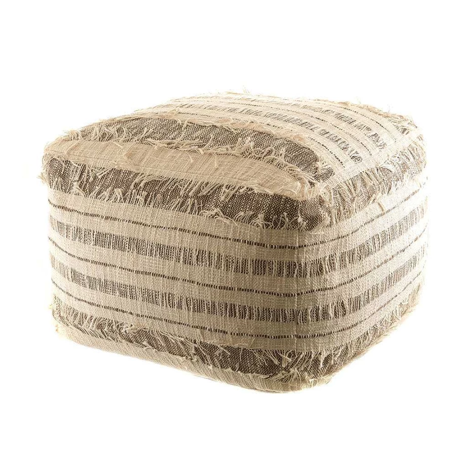 Wheel and Barrow Square Pouf Ottoman - Natural Brown Slub Linen - 50x50x35cm Footstool Stool for Living Room