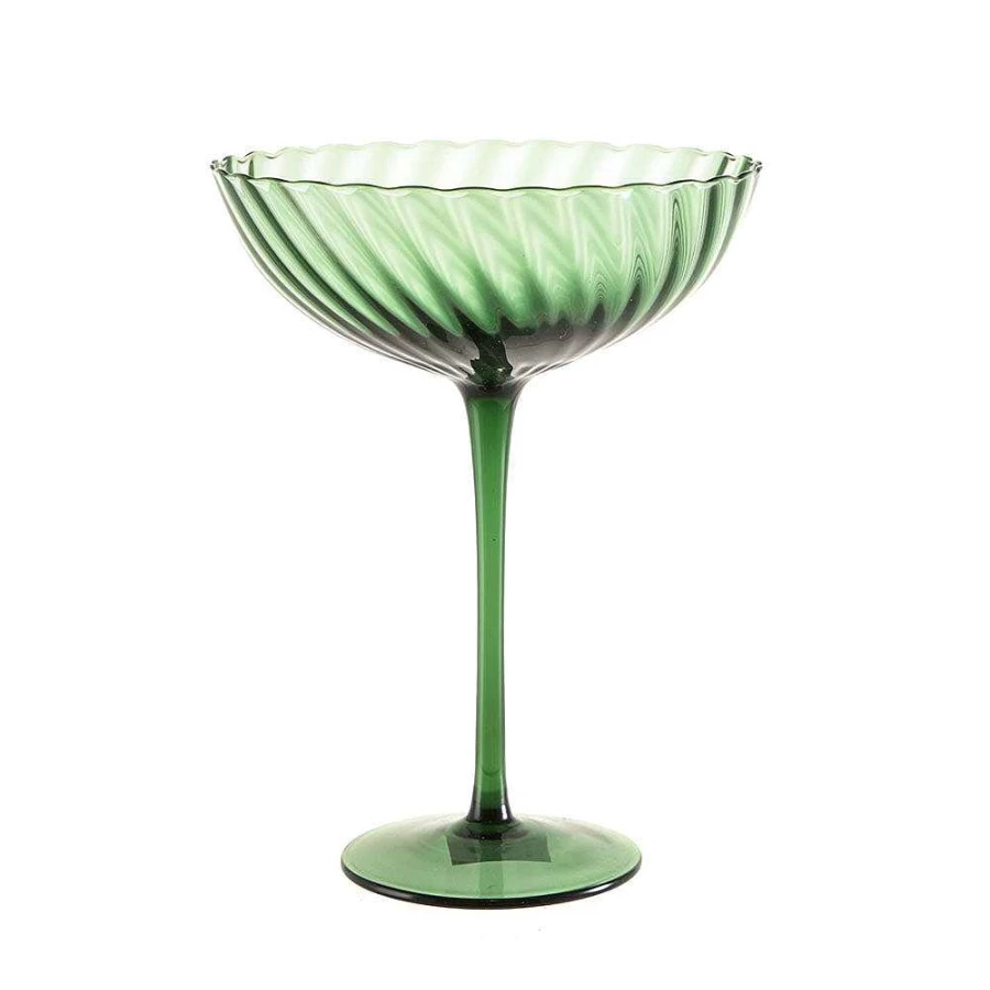 Wheel and Barrow Emerald Green Swirl Coupe Glass - 420ml Elegant Drinking Cup for Cocktails and Beverages