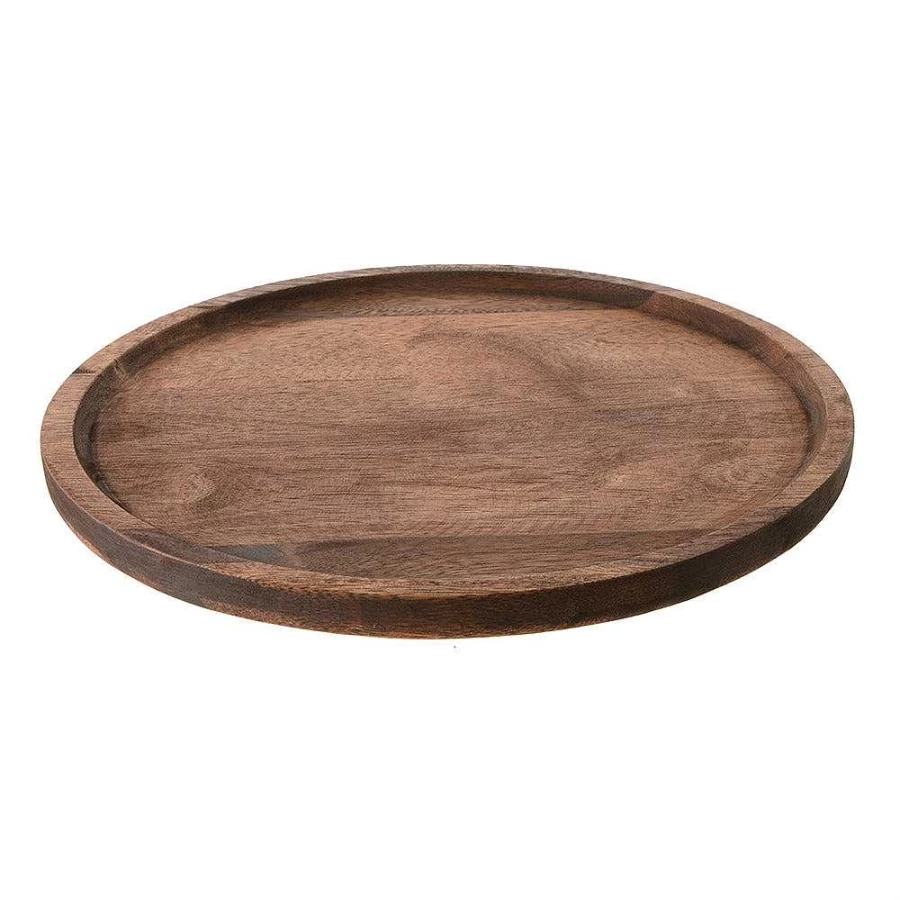 "Wheel & Barrow Round Acacia Wood Serving Tray - 33cm Dark Brown Rustic Charm"