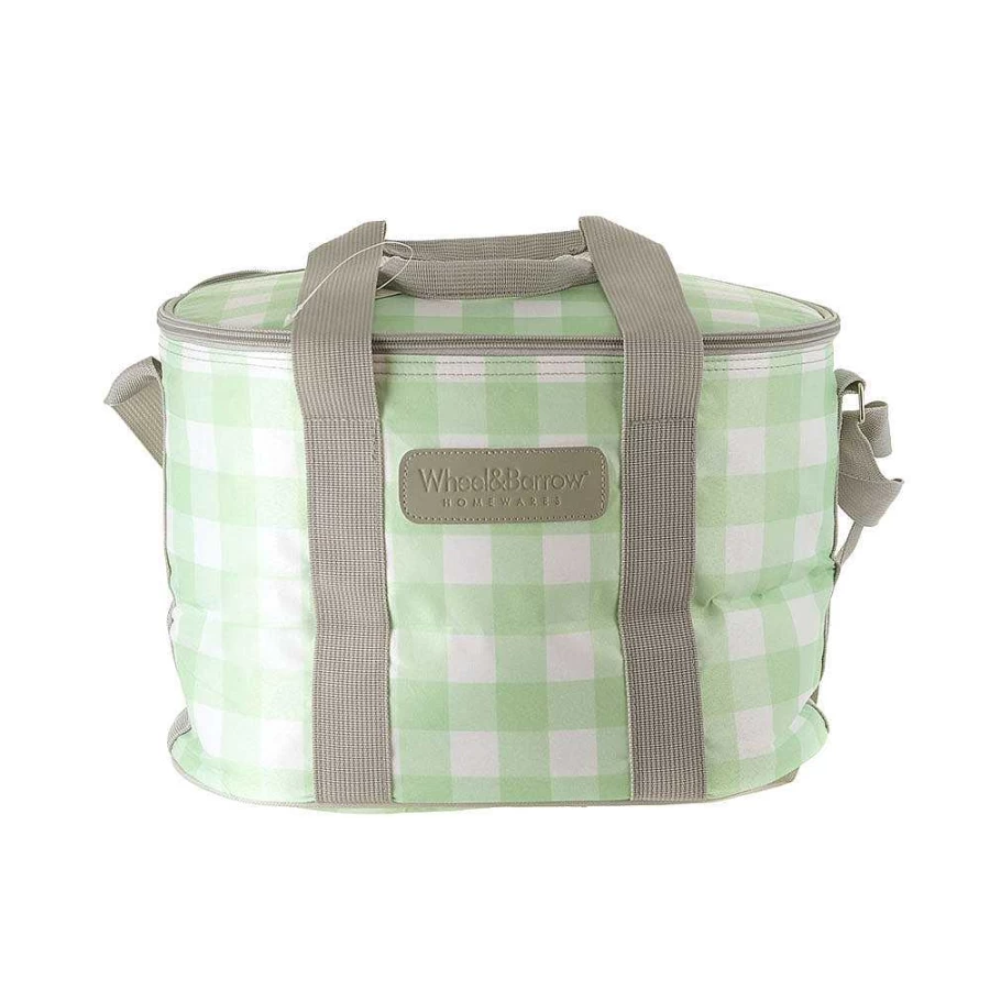Wheel and Barrow Insulated Picnic Cooler Bag - Green Gingham Pattern, Portable Outdoor Lunch Box for Beach, Camping & Picnics