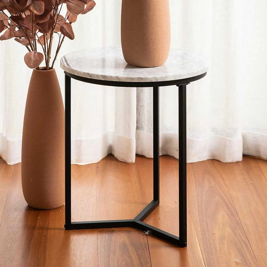 Wheel and Barrow White & Black Marble Top Metal Side Table - 44cm x 40cm Modern Accent Table