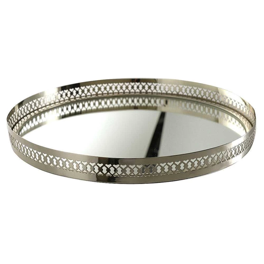 Wheel and Barrow Round Nickel Filigree Etched Serving Tray 40cm Diameter Decorative Metal Platter