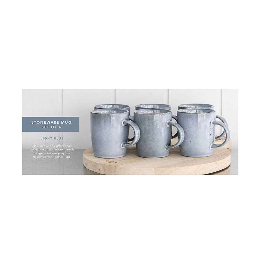 Wheel and Barrow 6-Piece Light Blue Stoneware Coffee Mug Set – Durable Ceramic Cups for Home & Office