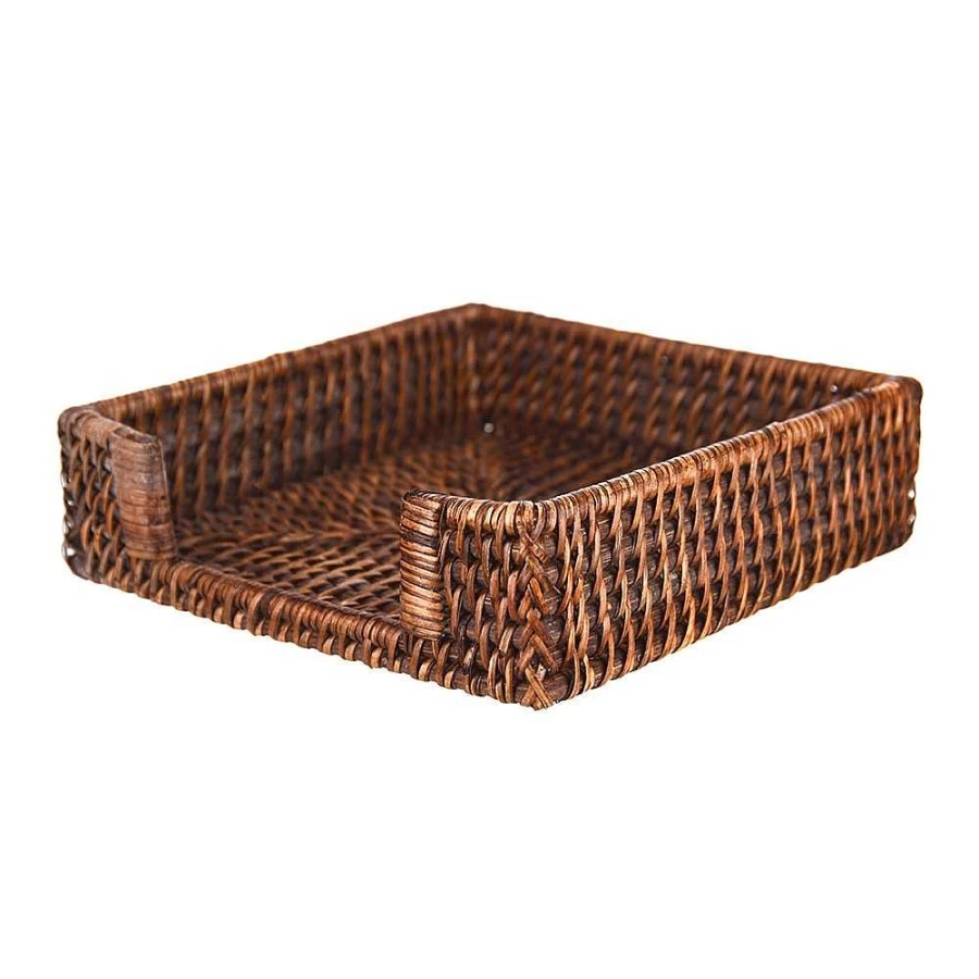 Wheel and Barrow Dark Brown Rattan Napkin Holder 18cm - Handwoven Natural Fiber Tableware Organizer