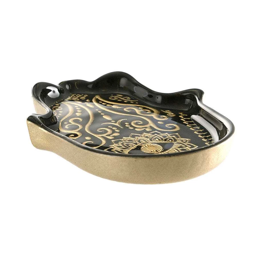 Wheel & Barrow Hamsa Decorative Plate - 21x17cm Black & Gold Metallic Wall Art for Home Decor