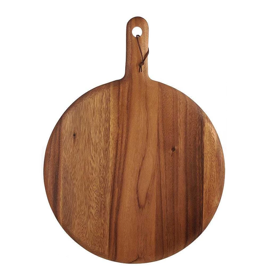 Wheel and Barrow Acacia Wood Round Cutting Board with Handle - 37cm Diameter, 1.5cm Thick, Natural Kitchen Serving Board