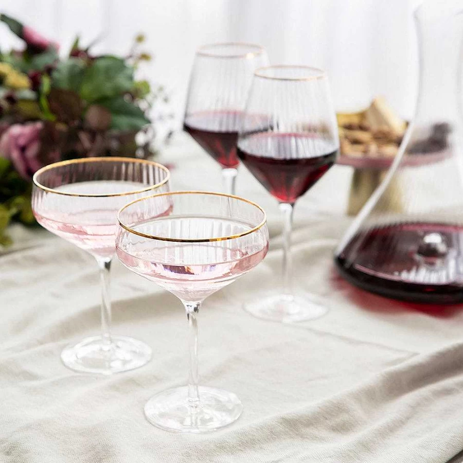Wheel and Barrow Optic Coupe Glass with Gold Rim - 255ml Clear Crystal Champagne Drinkware for Cocktails and Desserts