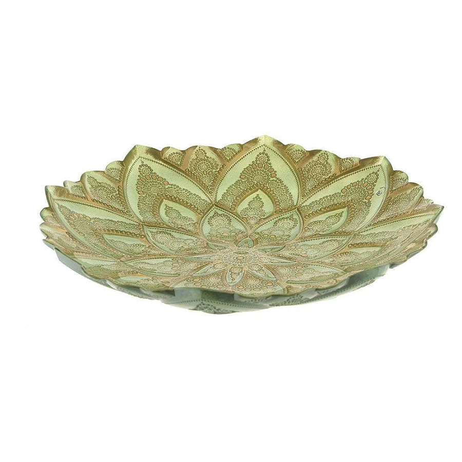 Wheel and Barrow Mandala Gold Mint Serving Bowl 41cm - Handcrafted Decorative Large Bowl for Entertaining