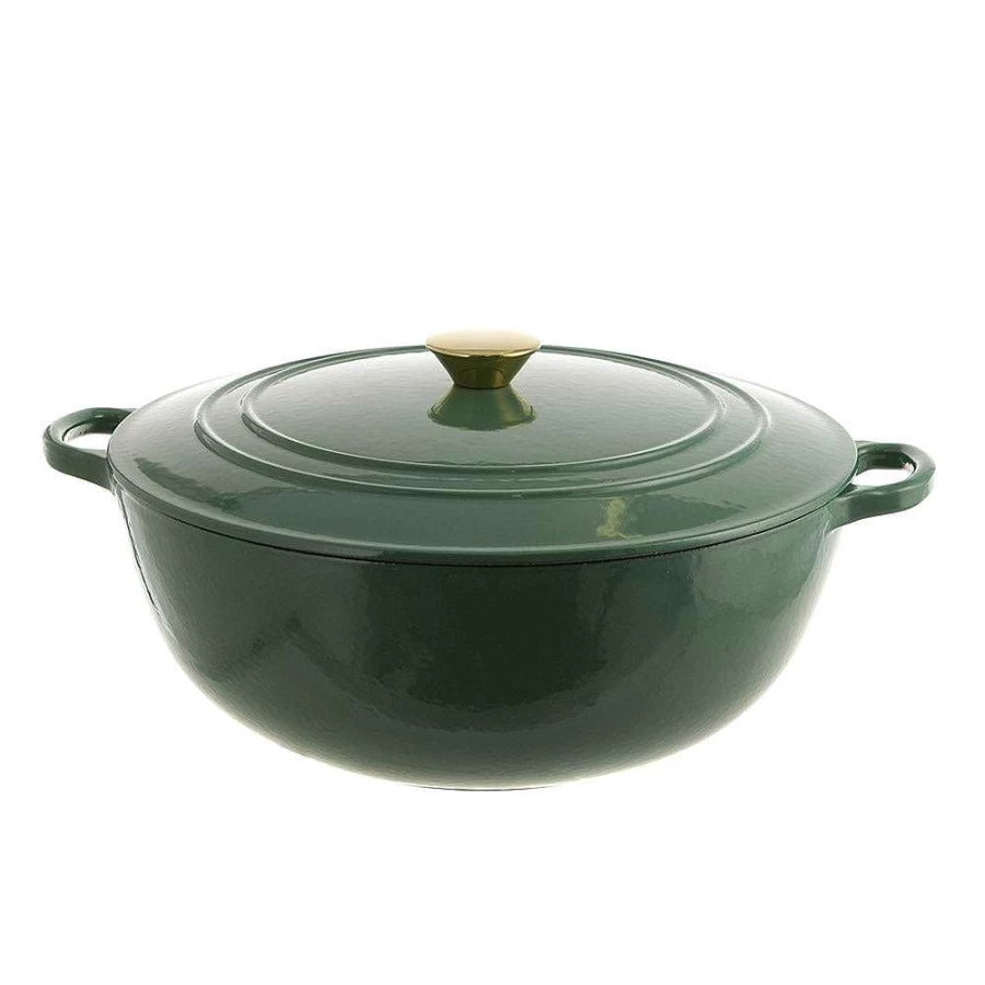 Wheel and Barrow 7L Round Cast Iron Casserole Pot - 32.5cm Green Dutch Oven for Cooking & Baking