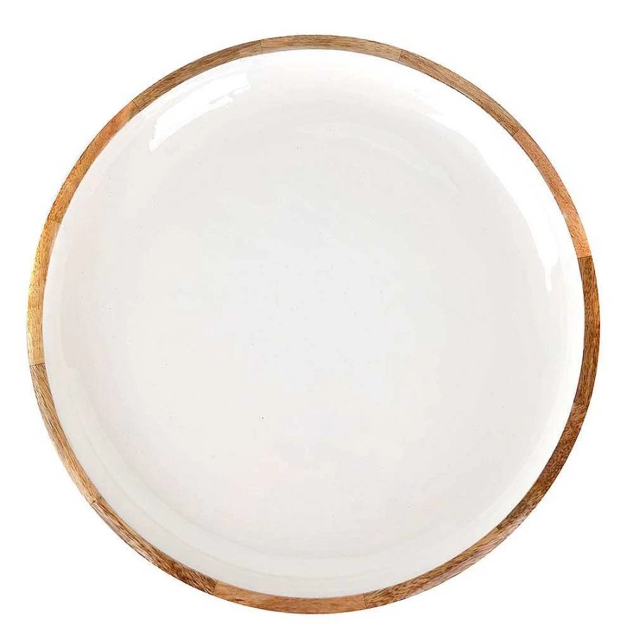 Wheel & Barrow Mango Wood Enamel Tray - 38cm Square White Decorative Serving Dish