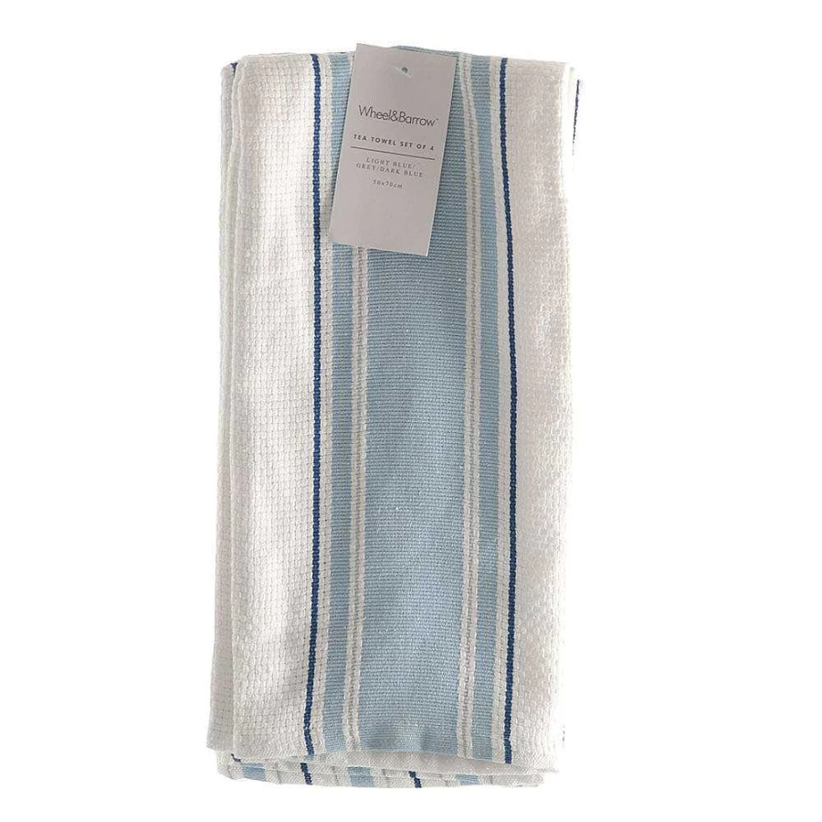Wheel & Barrow 4-Piece Blue and White Striped Tea Towel Set - Premium Kitchen Linens