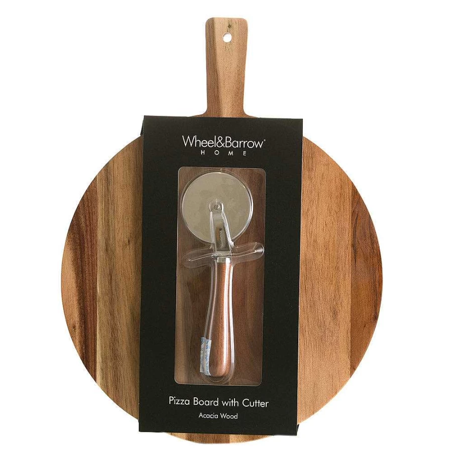 Wheel and Barrow Acacia Wood Pizza Peel and Cutter Set - 45cm Natural Wooden Pizza Paddle with Stainless Steel Cutter