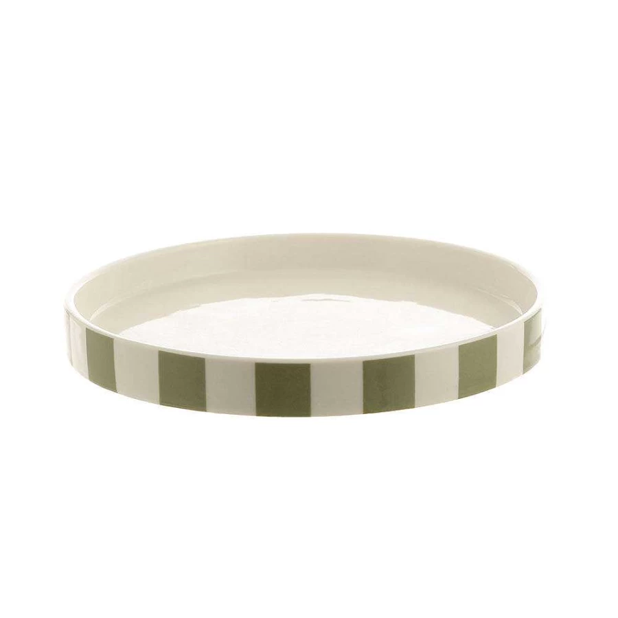 Wheel and Barrow Ceramic Dinner Plate Round 18.5cm Olive and White Striped Design