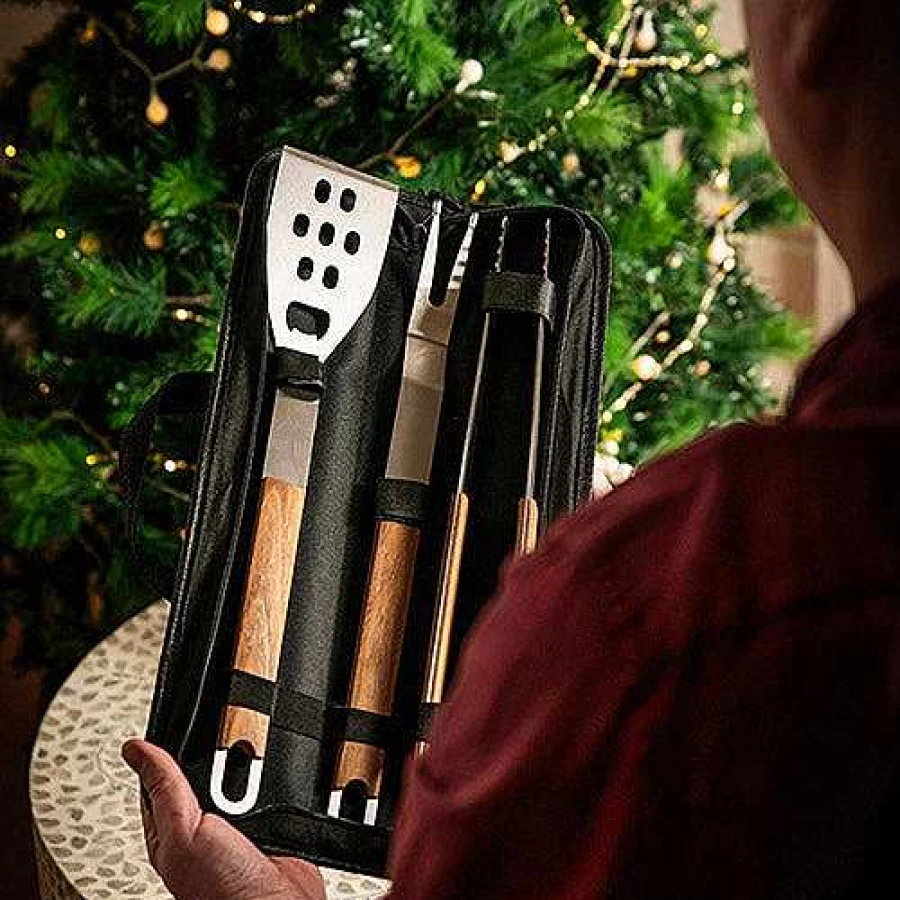 Wheel and Barrow 3-Piece BBQ Grill Tool Set with Teakwood Handles - Portable Case Included