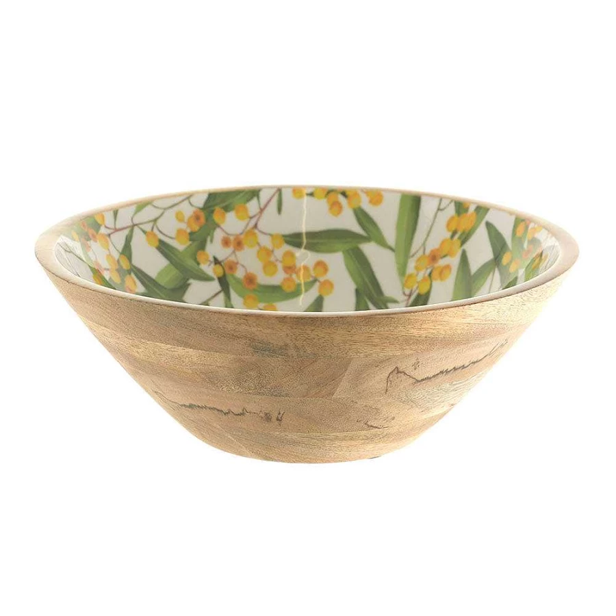Wheel & Barrow Mango Wood Enamel Bowl with Wattle Print - 30cm x 9.5cm Handcrafted Decorative Serving Bowl