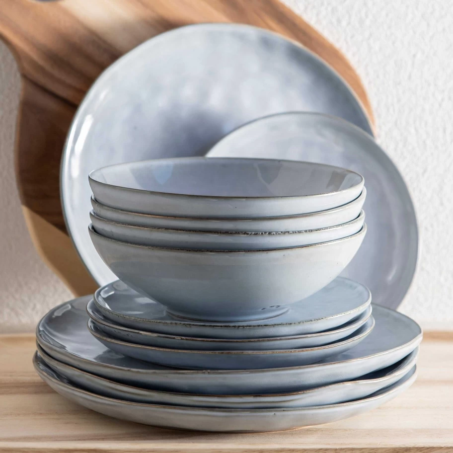 Wheel & Barrow Light Blue Stoneware 12-Piece Dinner Set - Durable Ceramic Tableware