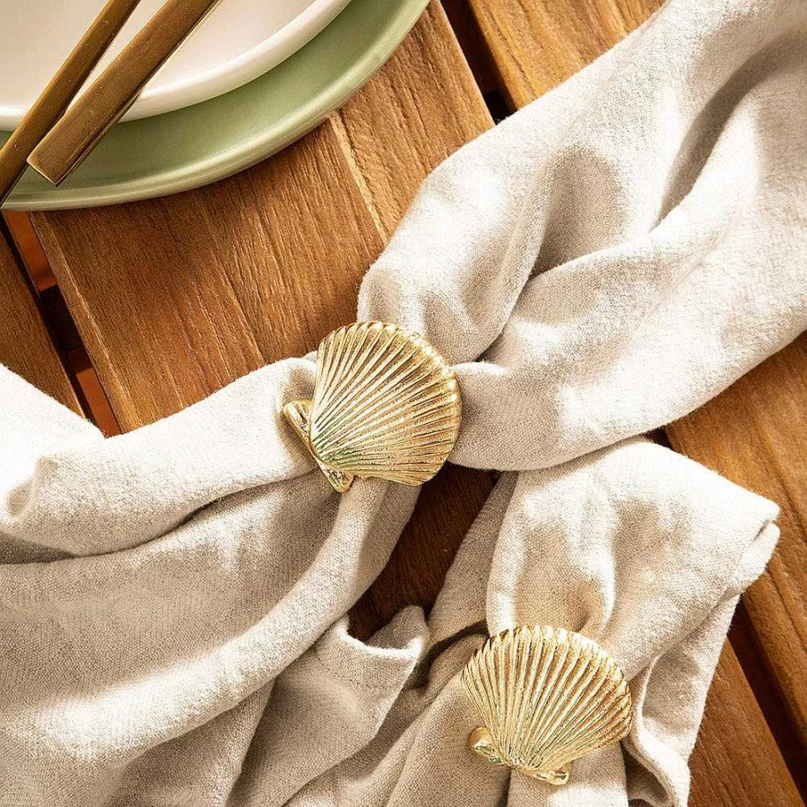 Wheel and Barrow Champagne Gold Shell Napkin Ring Set of 4 - Elegant Tableware Decor