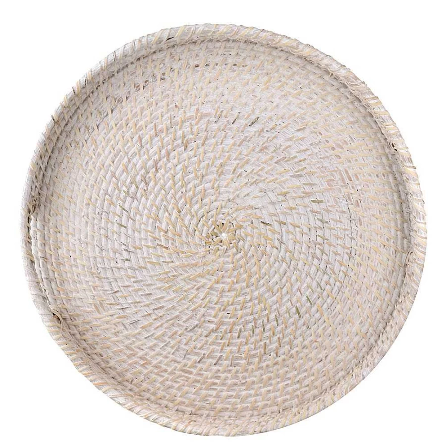 Wheel and Barrow White Washed Rattan Serving Tray - Large 45cm x 8cm - Natural Woven Basket