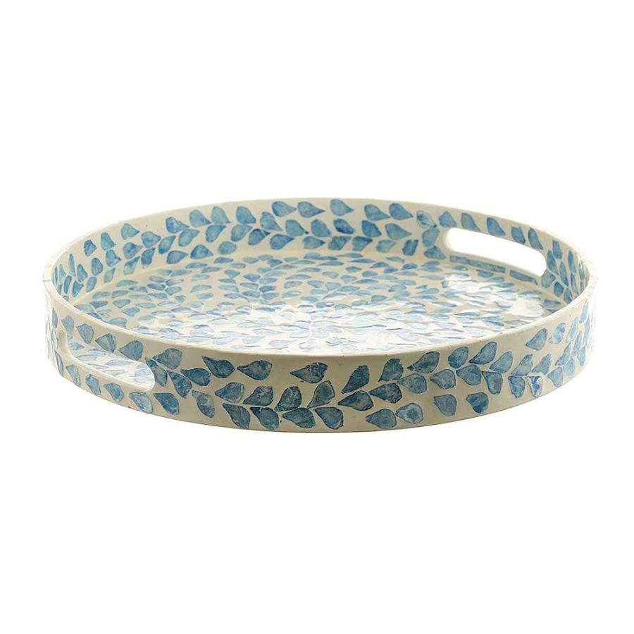 Wheel and Barrow Bamboo and Capiz Tray with White and Blue Leaf Design - 40cm x 5cm Decorative Serving Tray