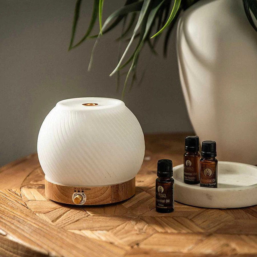 Wheel and Barrow Ultrasonic Essential Oil Diffuser with Ribbed Glass Design and Wooden Base for Aromatherapy