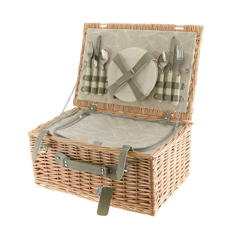 Wheel and Barrow 4-Person Picnic Basket with Leaf Print - Portable Outdoor Picnic Set for Camping, Beach, and Park