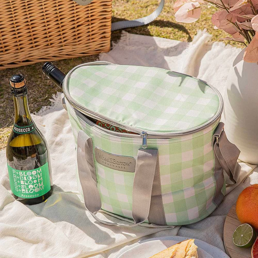 Wheel and Barrow Insulated Picnic Cooler Bag - Green Gingham Pattern, Portable Outdoor Lunch Box for Beach, Camping & Picnics