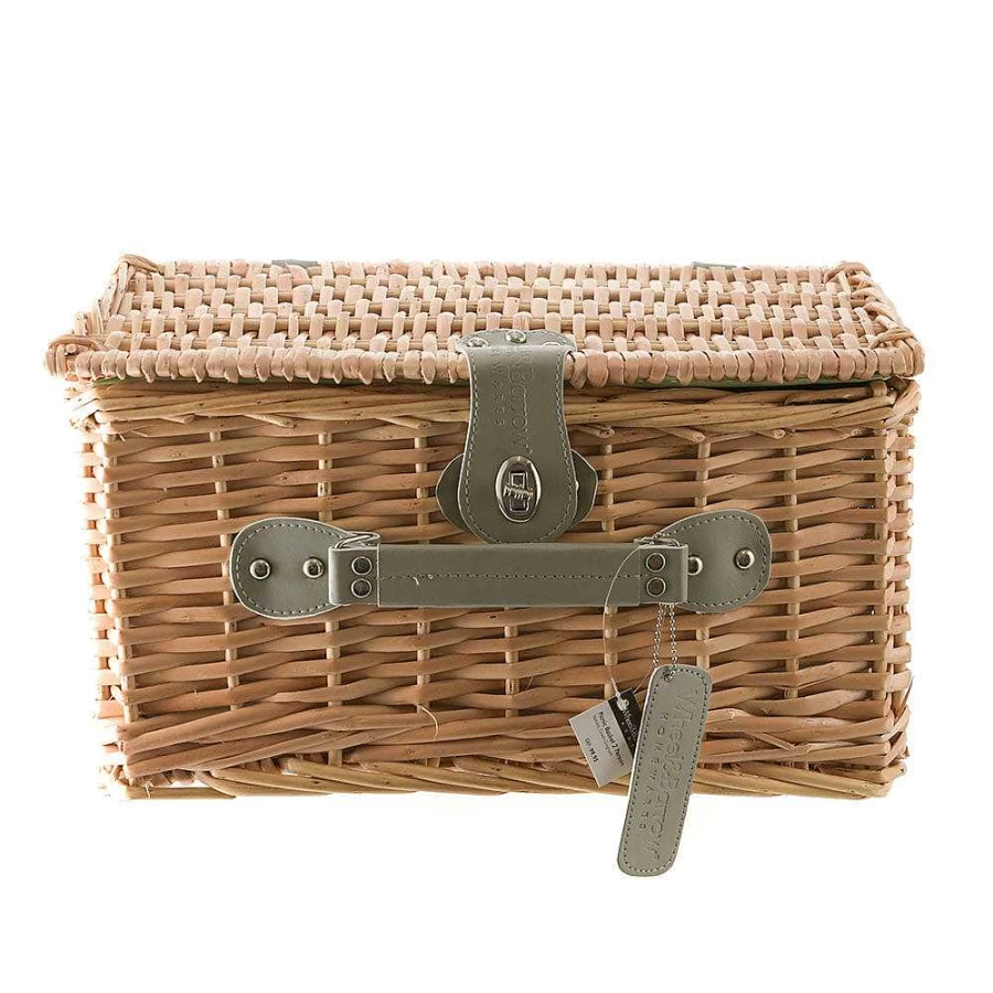 Wheel and Barrow 2-Person Picnic Basket - Natural Wicker with Green Gingham Lining - Portable Outdoor Picnic Hamper for Couples