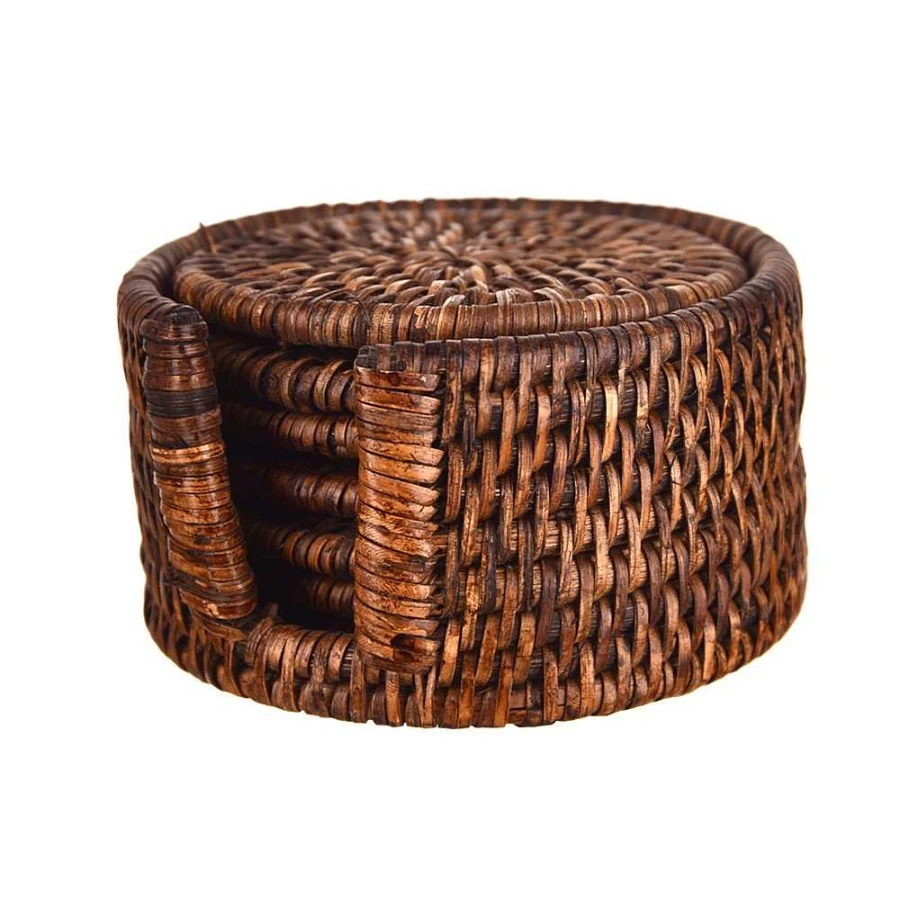 Wheel and Barrow Dark Brown Rattan Coasters Set of 6 - Natural Fiber Drink Coasters for Table Decor