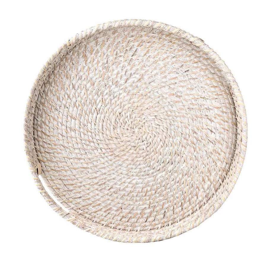Wheel and Barrow White Washed Medium Rattan Tray - 40x6cm Natural Weave Basket for Home Decor