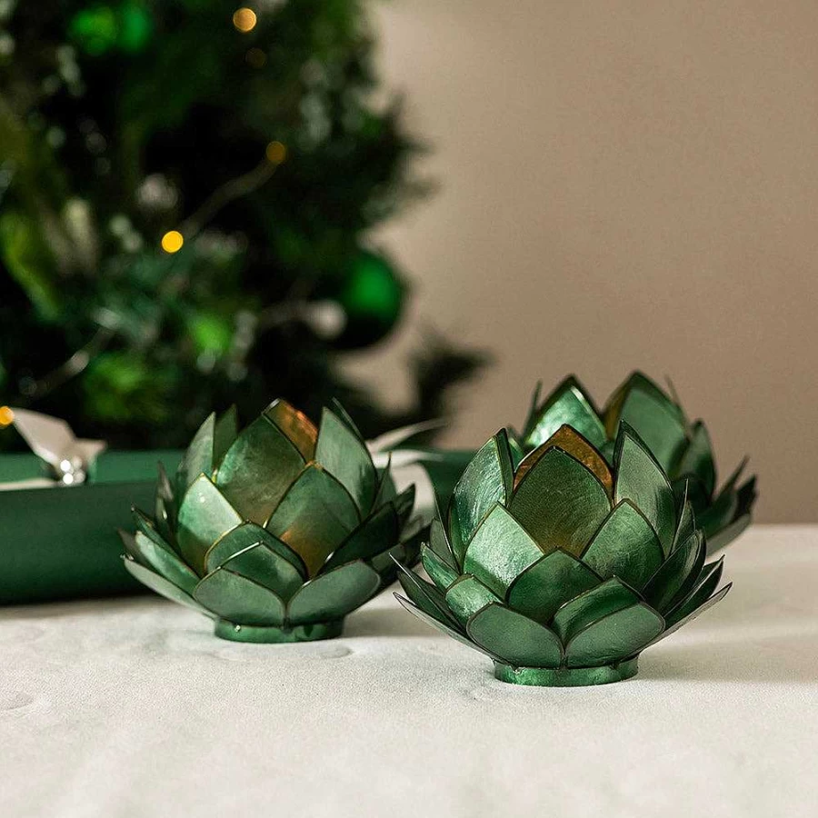 Wheel and Barrow Dark Green Cabbage Capiz Tealight Holder for Home Decor