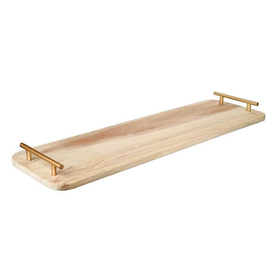 "Wheel and Barrow Acacia Wood Rectangular Board with Brass Handle – 65cm x 20cm Kitchen Serving Tray"