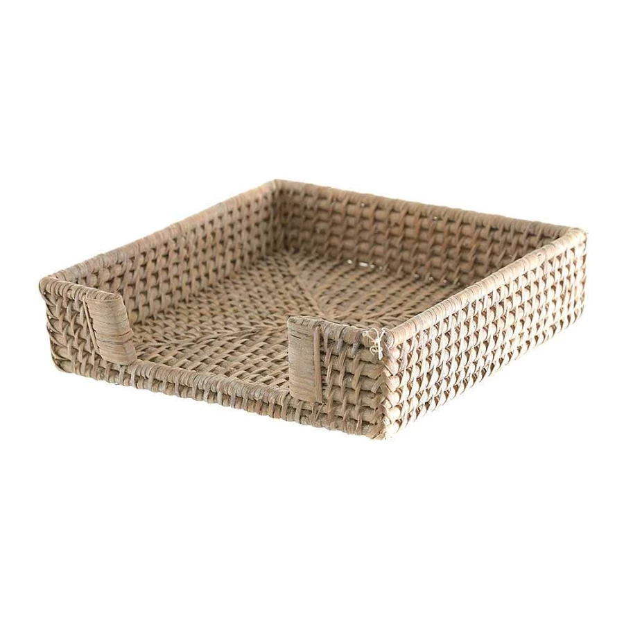 Wheel and Barrow White Wash Rattan Napkin Holder - Rustic Tableware for Dining Decor