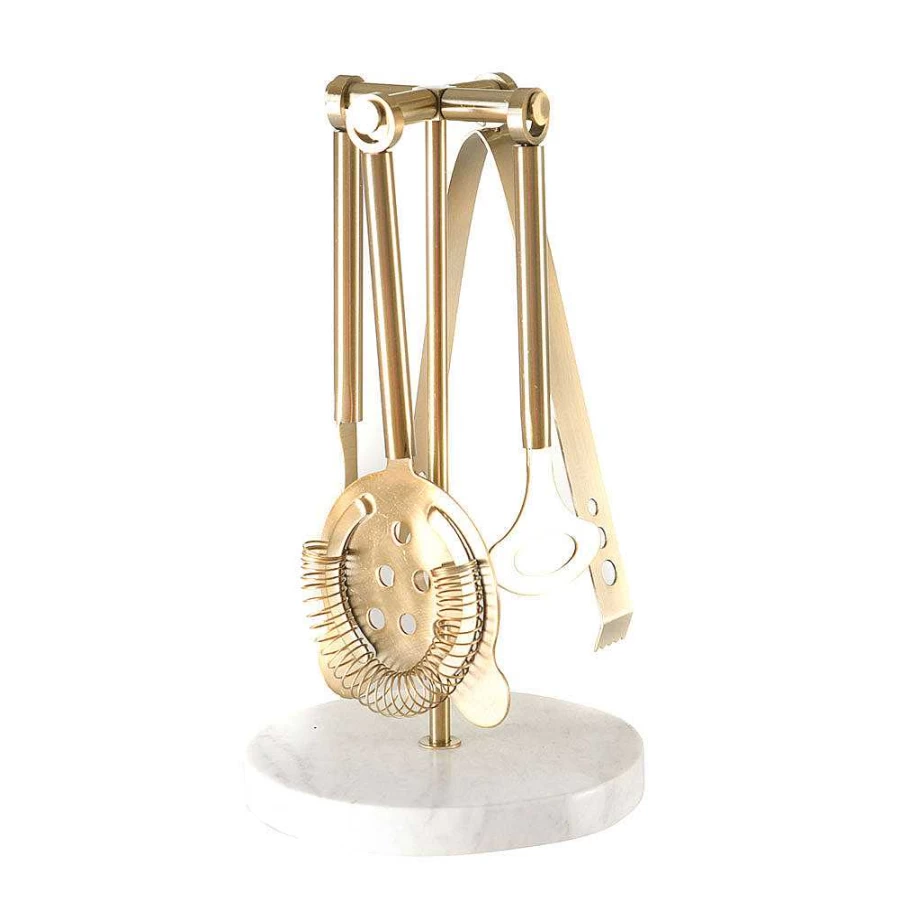 Wheel and Barrow Gold Stainless Steel Bar Tool Set with Marble Base - Premium Cocktail Accessories