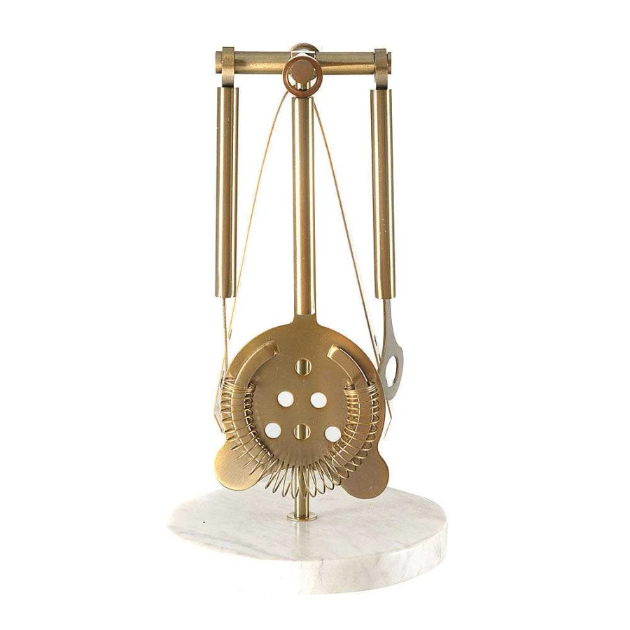 Wheel and Barrow Premium Gold Stainless Steel Bar Tool Set with Marble Stand - Bartender Essentials for Home & Professional Use