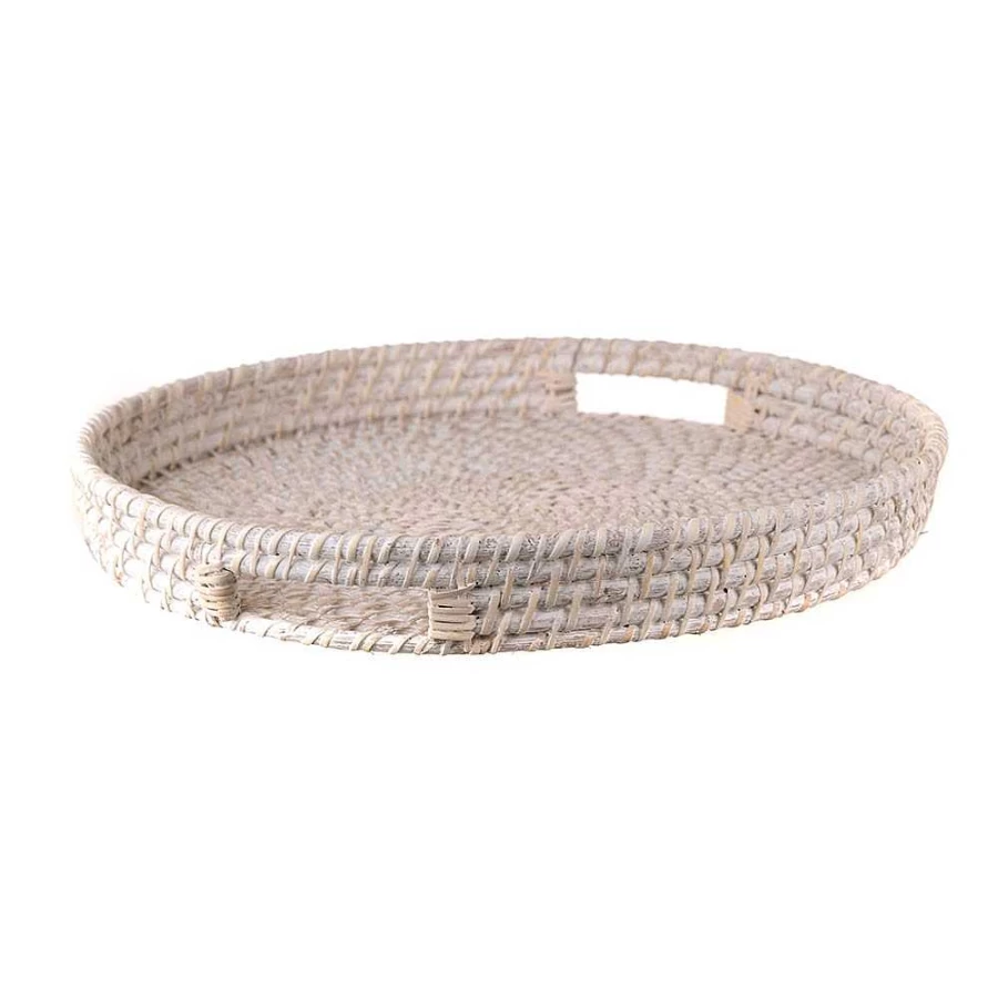 Wheel and Barrow White Washed Medium Rattan Tray - 40x6cm Natural Weave Basket