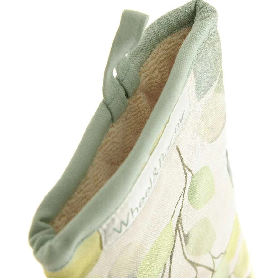 Wheel and Barrow Heat Resistant Leaf Print Oven Mitts - Neutral Kitchen Gloves for Baking and Cooking