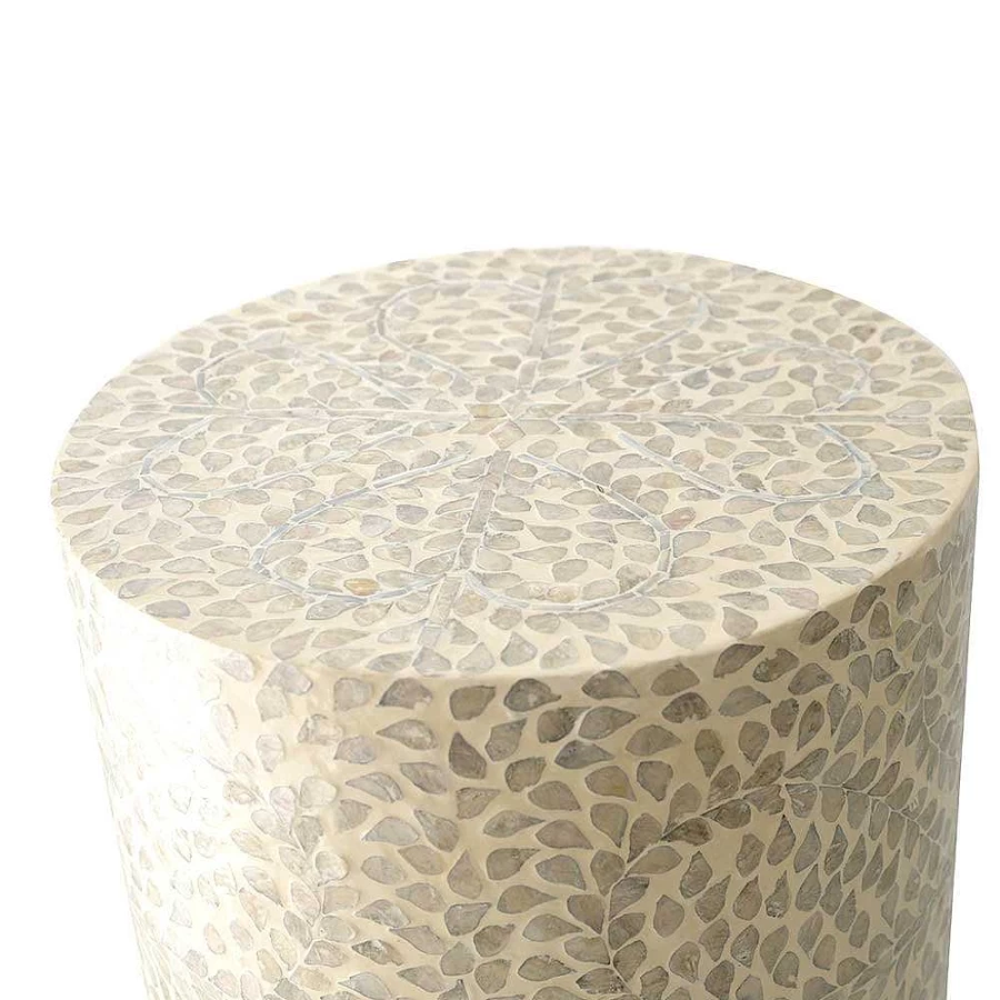 Wheel and Barrow White & Grey Capiz Leaf Side Table - Handcrafted Round Accent Table for Living Room or Bedroom