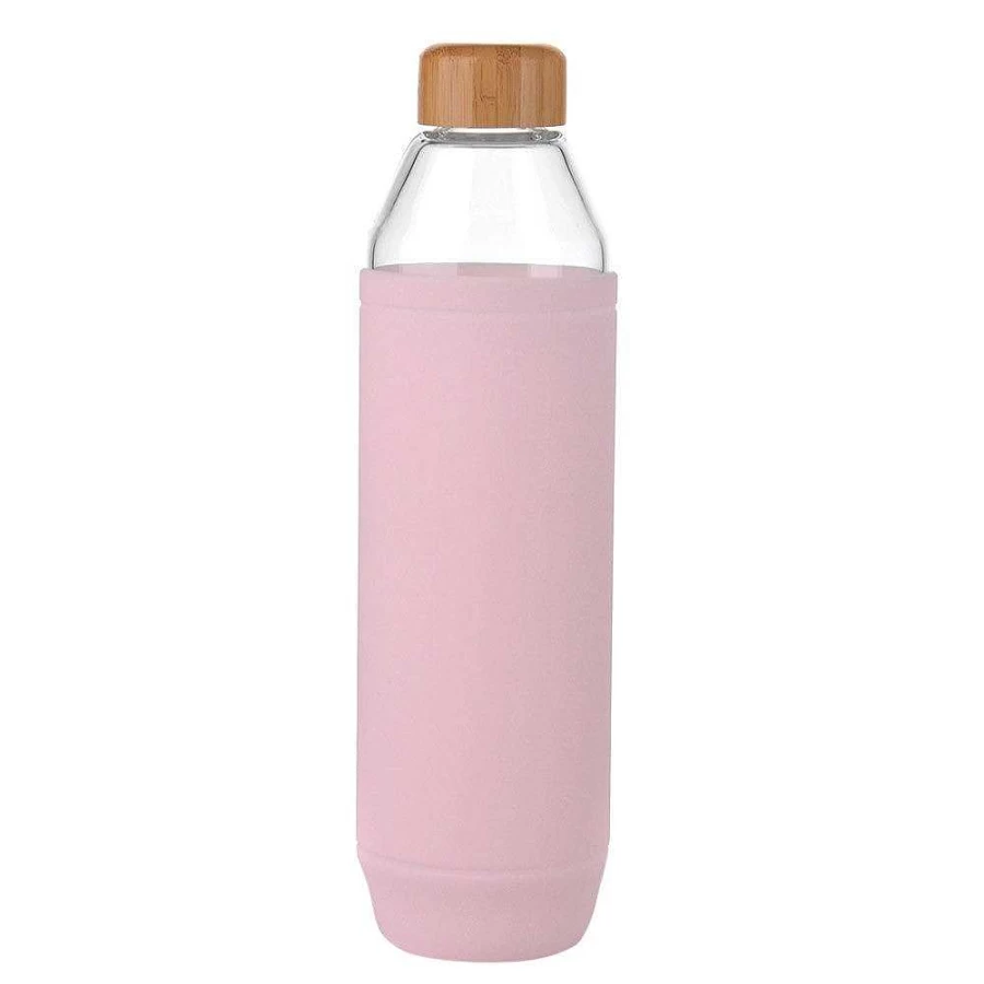Wheel and Barrow 800ml Glass Bottle with Bamboo Lid and Pink Silicone Sleeve - Eco-Friendly Reusable Drinkware