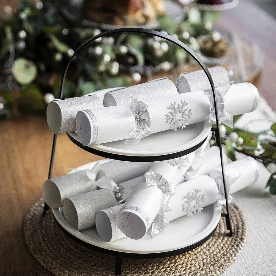 Wheel and Barrow 2-Tier Round Serving Stand with White Plates - 33cm x 28cm x 35cm Black Modern Display Tray