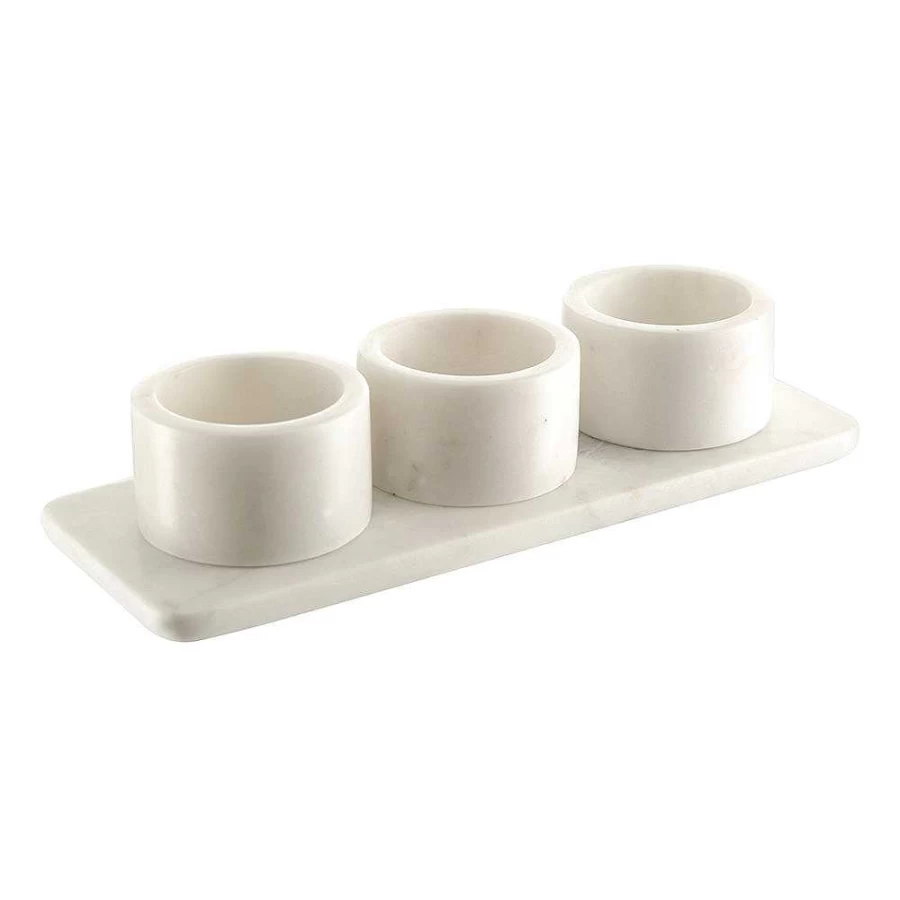Wheel and Barrow White Marble Condiment Set with Holder - 3 Ceramic Pots (29x10x6cm) for Kitchen & Dining