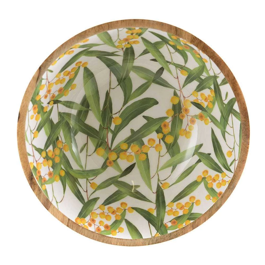 Wheel & Barrow Mango Wood Enamel Bowl with Wattle Print - 30cm x 9.5cm Handcrafted Decorative Serving Bowl