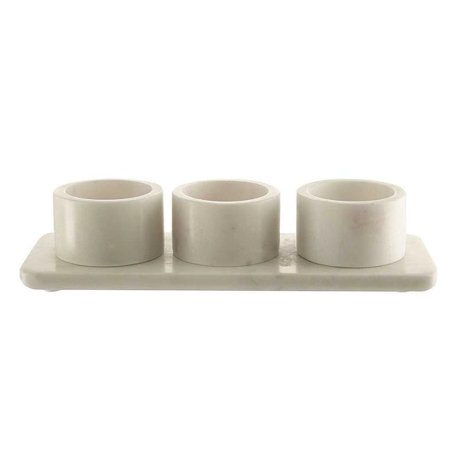 Wheel and Barrow White Marble Condiment Set with Holder - 3 Ceramic Pots (29x10x6cm) for Kitchen & Dining